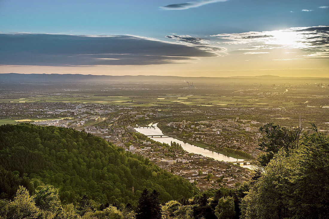 Blick auf die Stadt Heidelberg, in der Mitte ist der Fluss Neckar zu sehen. 