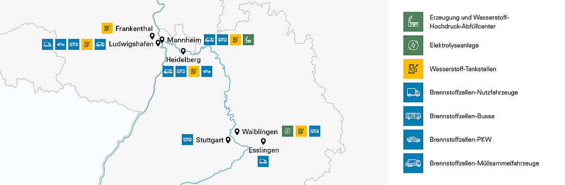 Eine Karte zeigt Standorte der Teilprojekte entlang des Neckars auf einer Baden-Württemberg-Karte
